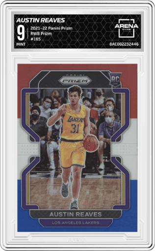 Austin Reaves from the 2021-22 Panini Prizm  set featuring a Red/White/Blue Prizm parallel graded by Arena Club and given an overall grade of 9.