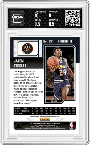 Jalen Pickett  from the 2023-24 Panini Contenders set graded by Arena Club and given an overall grade of 9.