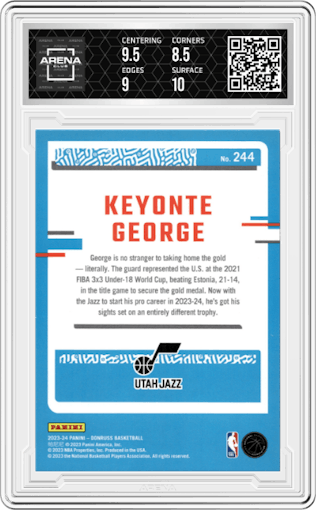 Keyonte George from the 2023-24 Panini Donruss set featuring a Red parallel graded by Arena Club and given an overall grade of 9.