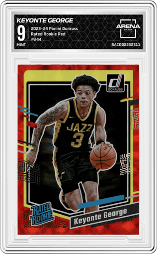 Keyonte George from the 2023-24 Panini Donruss set featuring a Red parallel graded by Arena Club and given an overall grade of 9.