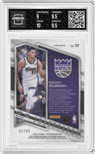 Keegan Murray from the 2023-24 Panini Spectra set featuring a Interstellar  parallel graded by Arena Club and given an overall grade of 9.5.