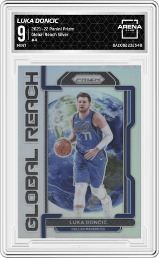 Luka Doncic from the 2021-22 Panini Prizm  set featuring a Silver parallel graded by Arena Club and given an overall grade of 9.