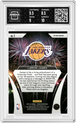 Lebron James from the 2021-22 Panini Prizm  set featuring a Fast Break parallel graded by Arena Club and given an overall grade of 9.