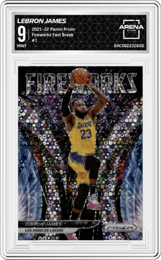 Lebron James from the 2021-22 Panini Prizm  set featuring a Fast Break parallel graded by Arena Club and given an overall grade of 9.