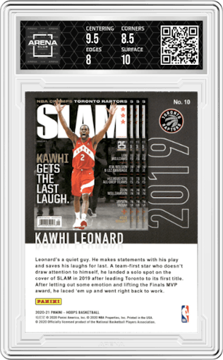 Kawhi Leonard from the 2020-21 Panini NBA Hoops set graded by Arena Club and given an overall grade of 8.5.