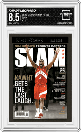 Kawhi Leonard from the 2020-21 Panini NBA Hoops set graded by Arena Club and given an overall grade of 8.5.