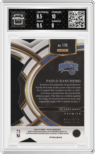 Paolo Banchero from the 2023-24 Panini Select  set featuring a Die-Cut Blue parallel graded by Arena Club and given an overall grade of 8.5.