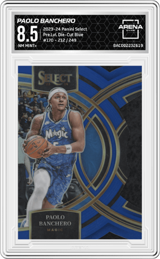 Paolo Banchero from the 2023-24 Panini Select  set featuring a Die-Cut Blue parallel graded by Arena Club and given an overall grade of 8.5.