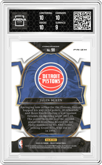 Jalen Duren from the 2022-23 Panini Select set featuring a Green Shock parallel graded by Arena Club and given an overall grade of 9.5.