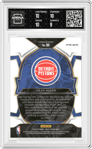 Jalen Duren from the 2022-23 Panini Select set featuring a Green Shock parallel graded by Arena Club and given an overall grade of 9.5.