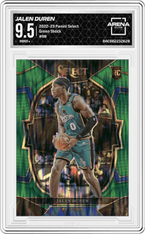 Jalen Duren from the 2022-23 Panini Select set featuring a Green Shock parallel graded by Arena Club and given an overall grade of 9.5.