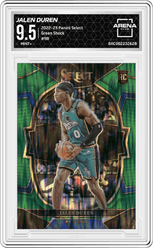 Jalen Duren from the 2022-23 Panini Select set featuring a Green Shock parallel graded by Arena Club and given an overall grade of 9.5.