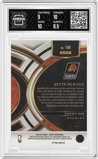 Kevin Durant from the 2023-24 Panini Select  set featuring a Light Blue Disco parallel graded by Arena Club and given an overall grade of 9.