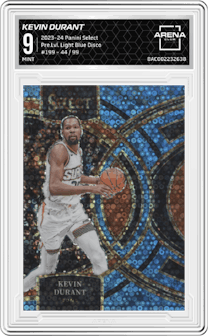 Kevin Durant from the 2023-24 Panini Select  set featuring a Light Blue Disco parallel graded by Arena Club and given an overall grade of 9.