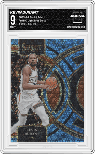 Kevin Durant from the 2023-24 Panini Select  set featuring a Light Blue Disco parallel graded by Arena Club and given an overall grade of 9.