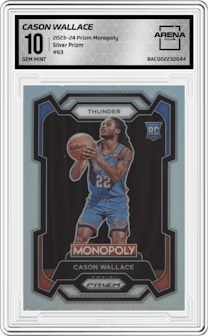 Cason Wallace from the 2023-24 Panini Prizm Monopoly set featuring a Silver Prizm parallel graded by Arena Club and given an overall grade of 10.