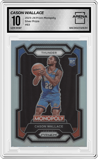 Cason Wallace from the 2023-24 Panini Prizm Monopoly set featuring a Silver Prizm parallel graded by Arena Club and given an overall grade of 10.