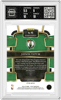 Jayson Tatum from the 2023-24 Panini Select  set featuring a Blue Scope parallel graded by Arena Club and given an overall grade of 9.5.