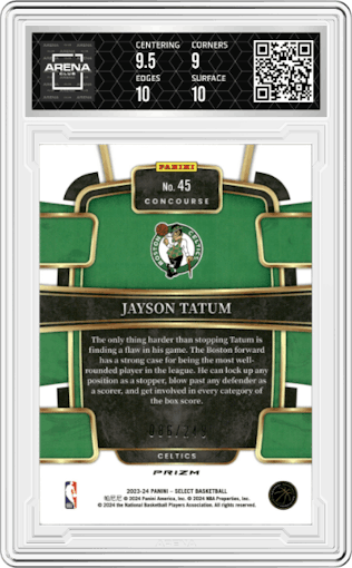 Jayson Tatum from the 2023-24 Panini Select  set featuring a Blue Scope parallel graded by Arena Club and given an overall grade of 9.5.