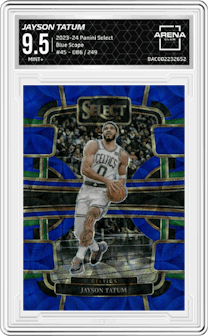 Jayson Tatum from the 2023-24 Panini Select  set featuring a Blue Scope parallel graded by Arena Club and given an overall grade of 9.5.