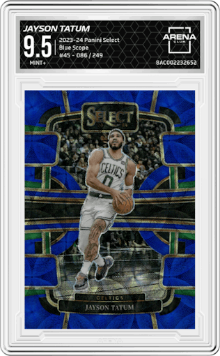 Jayson Tatum from the 2023-24 Panini Select  set featuring a Blue Scope parallel graded by Arena Club and given an overall grade of 9.5.
