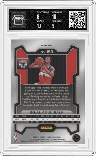Bilal Coulibaly from the 2023-24 Panini Prizm set featuring a Green Prizm parallel graded by Arena Club and given an overall grade of 8.5.
