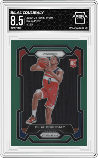 Bilal Coulibaly from the 2023-24 Panini Prizm set featuring a Green Prizm parallel graded by Arena Club and given an overall grade of 8.5.