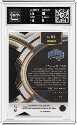 Franz Wagner from the 2023-24 Panini Select  set featuring a Die-Cut Neon Green parallel graded by Arena Club and given an overall grade of 9.