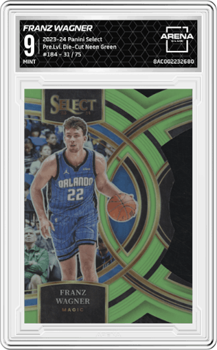 Franz Wagner from the 2023-24 Panini Select  set featuring a Die-Cut Neon Green parallel graded by Arena Club and given an overall grade of 9.