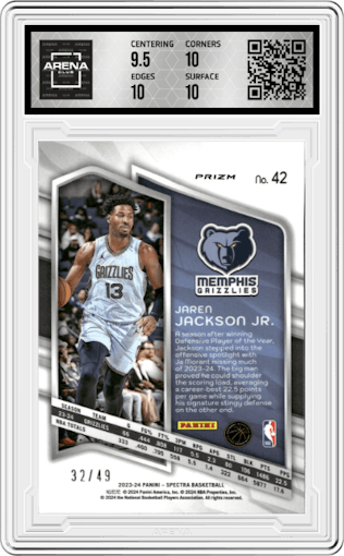 Jaren Jackson Jr. from the 2023-24 Panini Spectra set featuring a Astral parallel graded by Arena Club and given an overall grade of 10.