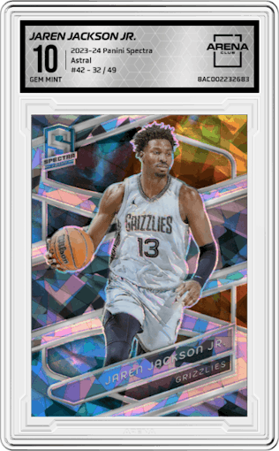 Jaren Jackson Jr. from the 2023-24 Panini Spectra set featuring a Astral parallel graded by Arena Club and given an overall grade of 10.