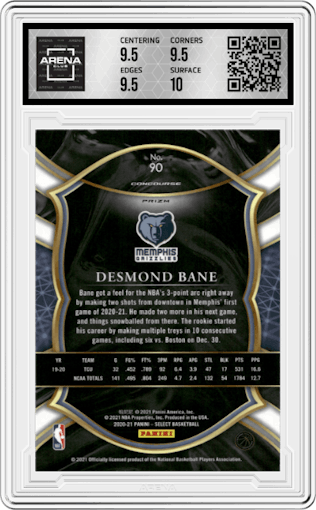 Desmond Bane from the 2020-21 Panini Select  set featuring a Red/White/Orange Shimmer parallel graded by Arena Club and given an overall grade of 10.