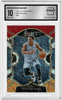 Desmond Bane from the 2020-21 Panini Select  set featuring a Red/White/Orange Shimmer parallel graded by Arena Club and given an overall grade of 10.