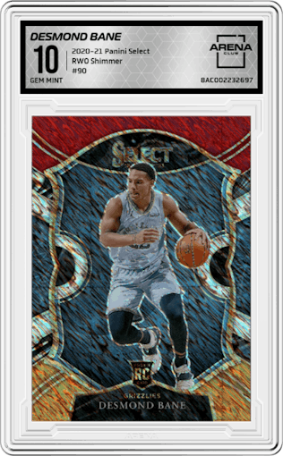 Desmond Bane from the 2020-21 Panini Select  set featuring a Red/White/Orange Shimmer parallel graded by Arena Club and given an overall grade of 10.