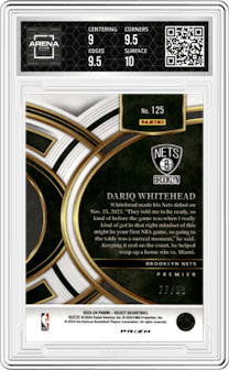 Dariq Whitehead from the 2023-24 Panini Select  set featuring a Light Blue Disco parallel graded by Arena Club and given an overall grade of 9.5.
