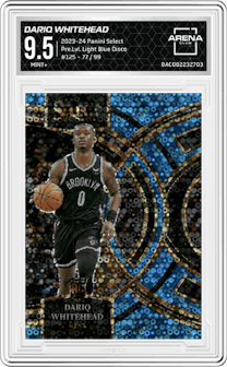 Dariq Whitehead from the 2023-24 Panini Select  set featuring a Light Blue Disco parallel graded by Arena Club and given an overall grade of 9.5.