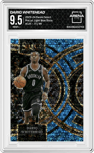 Dariq Whitehead from the 2023-24 Panini Select  set featuring a Light Blue Disco parallel graded by Arena Club and given an overall grade of 9.5.