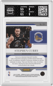 Stephen Curry from the 2022-23 Panini Chronicles  set graded by Arena Club and given an overall grade of 8.5.
