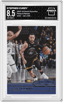 Stephen Curry from the 2022-23 Panini Chronicles  set graded by Arena Club and given an overall grade of 8.5.