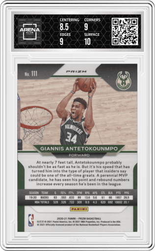 Giannis Antetokounmpo from the 2020-21 Panini Prizm set featuring a Green Prizm parallel graded by Arena Club and given an overall grade of 9.