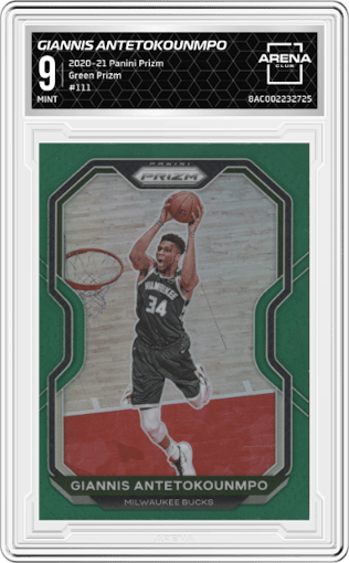 Giannis Antetokounmpo from the 2020-21 Panini Prizm set featuring a Green Prizm parallel graded by Arena Club and given an overall grade of 9.