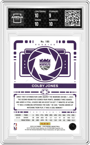 Colby Jones from the 2023-24 Panini Photogenic set featuring a Diamond parallel graded by Arena Club and given an overall grade of 9.5.