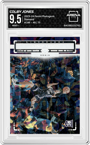 Colby Jones from the 2023-24 Panini Photogenic set featuring a Diamond parallel graded by Arena Club and given an overall grade of 9.5.