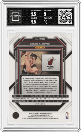 Nikola Jovic from the 2022-23 Panini Prizm  set featuring a Silver Prizm parallel graded by Arena Club and given an overall grade of 9.5.