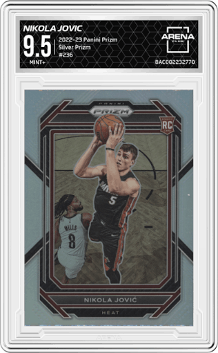 Nikola Jovic from the 2022-23 Panini Prizm  set featuring a Silver Prizm parallel graded by Arena Club and given an overall grade of 9.5.