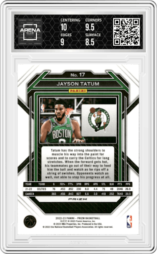 Jayson Tatum from the 2022-23 Panini Prizm  set featuring a Ice Prizm parallel graded by Arena Club and given an overall grade of 9.