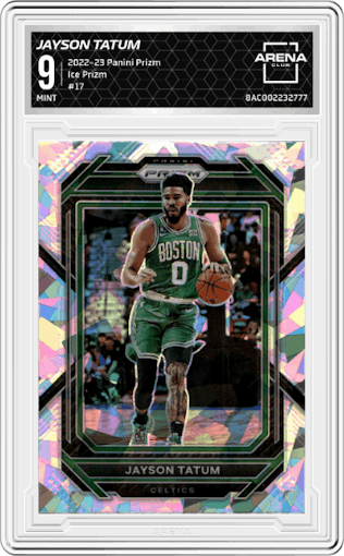 Jayson Tatum from the 2022-23 Panini Prizm  set featuring a Ice Prizm parallel graded by Arena Club and given an overall grade of 9.