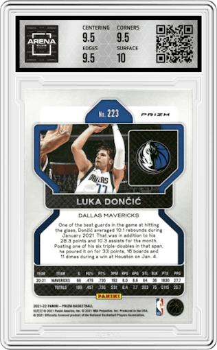 Luka Doncic from the 2021-22 Panini Prizm  set featuring a Ruby Wave parallel graded by Arena Club and given an overall grade of 10.
