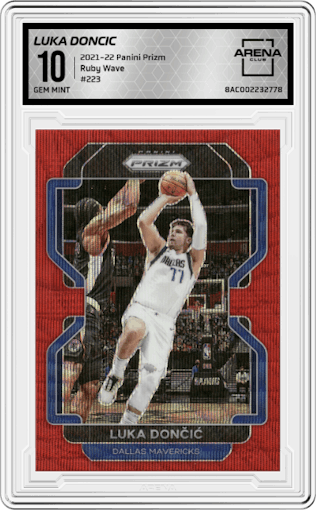 Luka Doncic from the 2021-22 Panini Prizm  set featuring a Ruby Wave parallel graded by Arena Club and given an overall grade of 10.