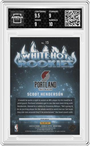 Scoot Henderson from the 2023-24 Donruss Optic set featuring a Holo parallel graded by Arena Club and given an overall grade of 9.5.